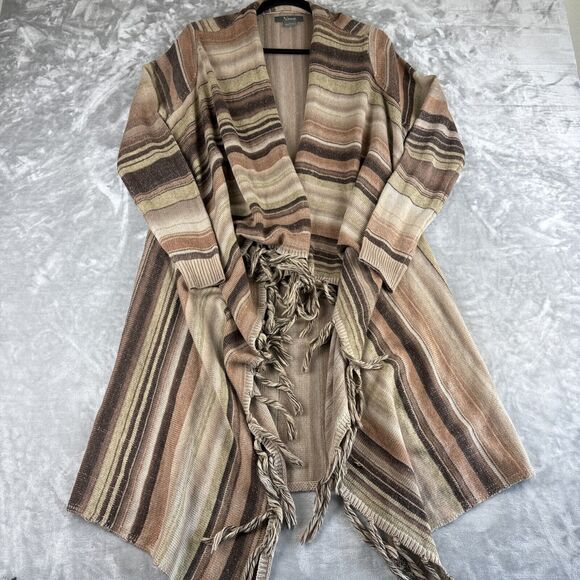 Natural Reflections Stripe Open Front Cardigan Women L Browns Fringe Boho (0786) - Picture 1 of 10